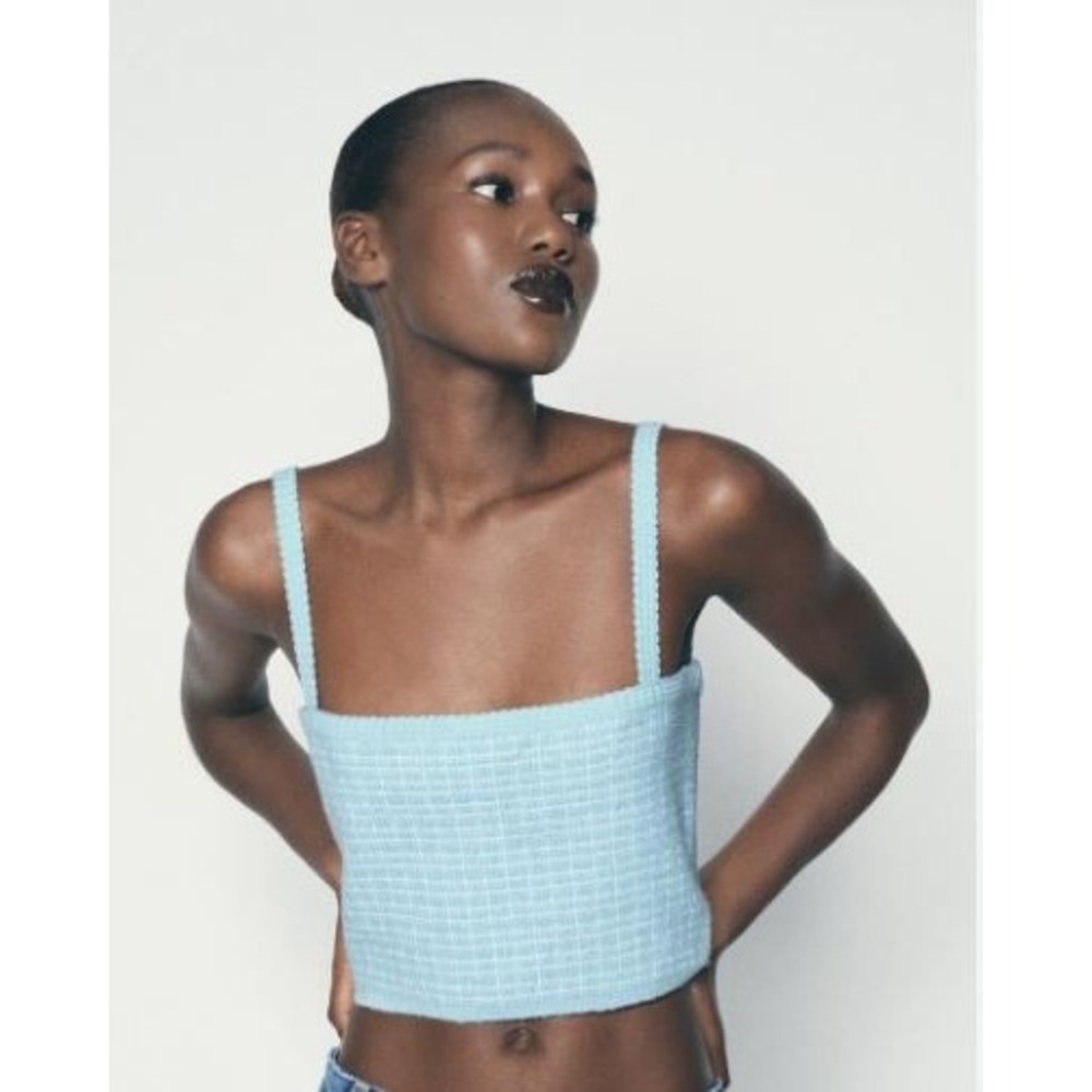 Zara Womens Light Blue Boucle Knit Grid Crop Top Camisole Size Large